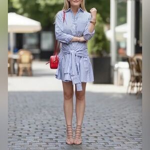 Derek Lam 10 Crosby Pinstripe Shirt Dress | Double Sleeve Tie Front | Size 4